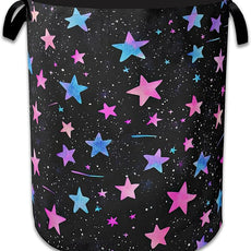 Blue Pink Stars Laundry Basket,Oxford Cloth Laundry Hamper With Handle Foldable Portable Clothes Storage Basket for Laundry Room/Bedroom/Bathroom 20.8