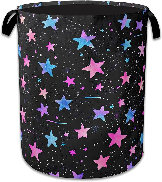 Blue Pink Stars Laundry Basket,Oxford Cloth Laundry Hamper With Handle Foldable Portable Clothes Storage Basket for Laundry Room/Bedroom/Bathroom 20.8"x16"