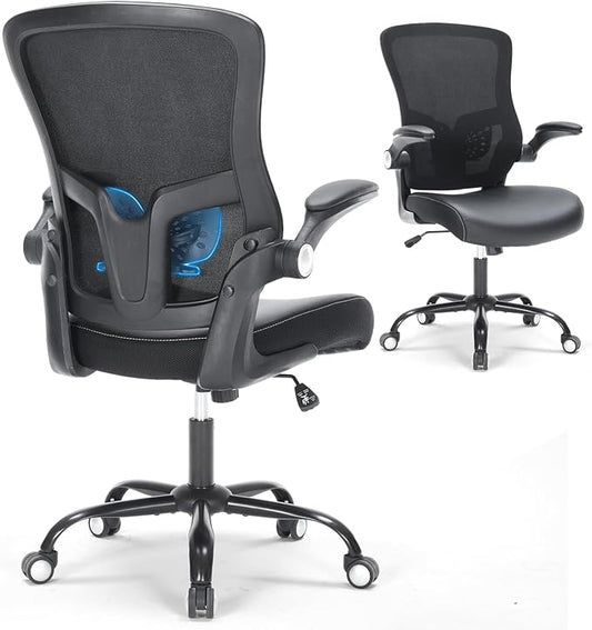 Office Chair Ergonomic Desk Chair Swivel Mid Back Mesh Computer Chair with Lumbar Support Comfy PU Leather Seat Adjustable Height Flip-up Arms Executive Task Chair,Black