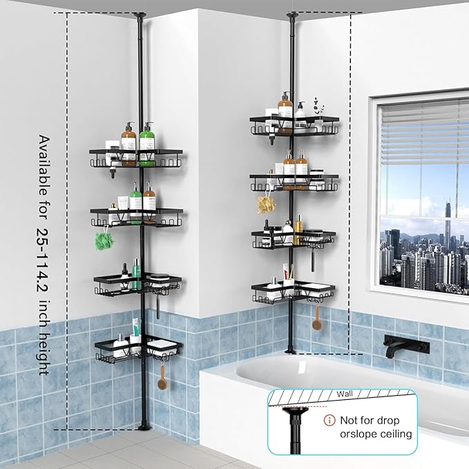 KEGII Corner Shower Caddy Tension Pole, Bathroom Shower Organizer with Toothbrush Holder, No Drilling Bathtub Shelf for Inside Shower, Rustproof Bathroom Tub Organizer, Adjustable 25-114.2 Inch