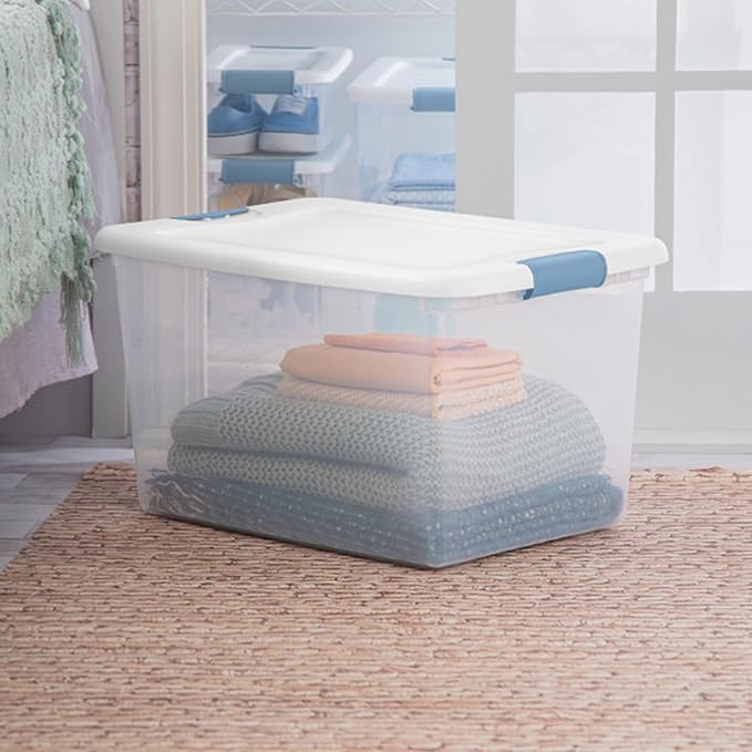 Sterilite 18-Pack Latching Box, Under Bed Storage Bins with Lids, Clear Plastic, 64 Quart - Heavy-Duty Organizing Containers for Closet, Bathroom, and Office