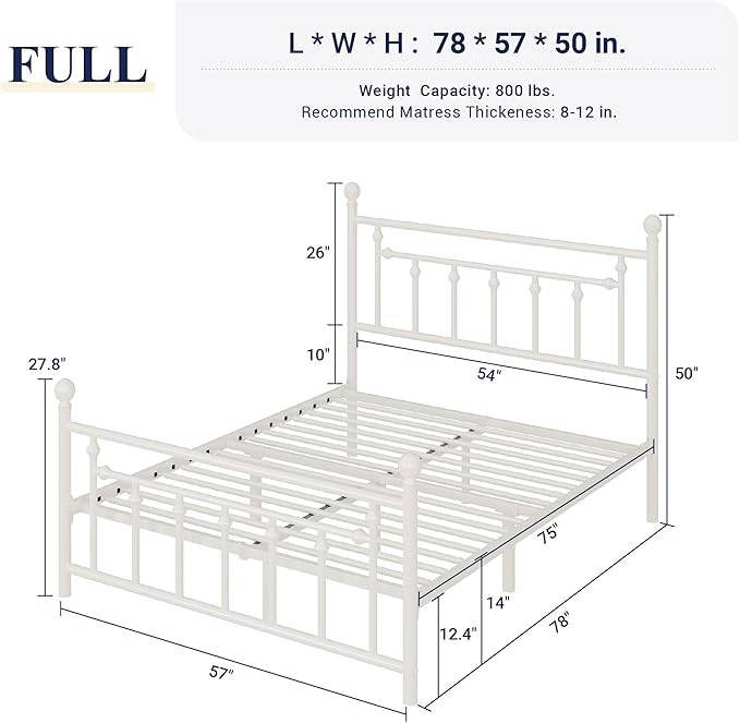 Allewie 14 Inch Full Size Metal Platform Bed Frame with Victorian Vintage Headboard and Footboard/Mattress Foundation/Under Bed Storage/No Box Spring Needed/Easy Assembly/Noise Free/White