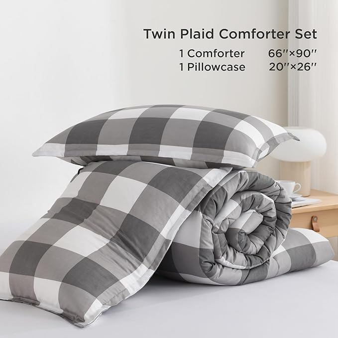 Andency Plaid Comforter Twin(66x90Inch), Gray White Checkered Gingham Buffalo Bed Set for Boys Teens, Lightweight Bedding，2 Pieces(1 Comforter & 1 Pillowcase)