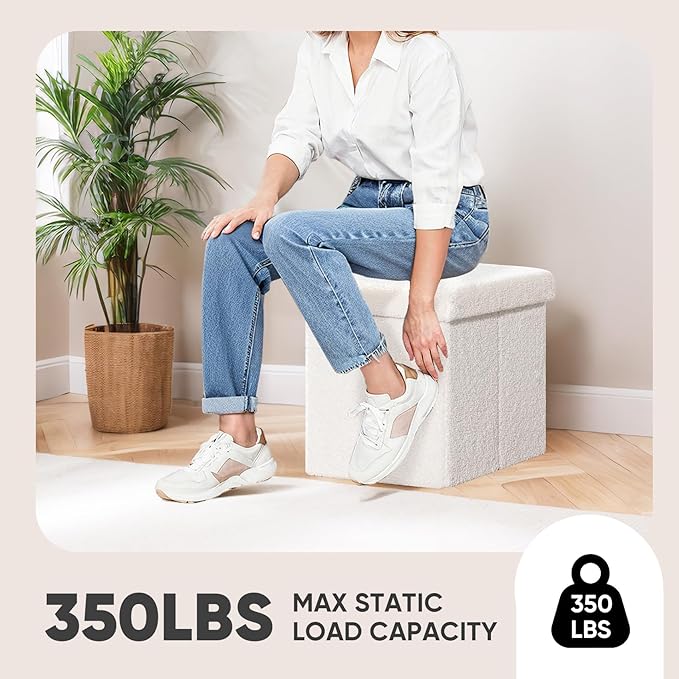 PINPLUS Storage Ottoman Cube Square Shaped Ottomans with Storage Foot Stool Footrest for Lving Room Boucle Ottoman Seat for Dorm Room,Faux Teddy Fur White,15"x15"x15"