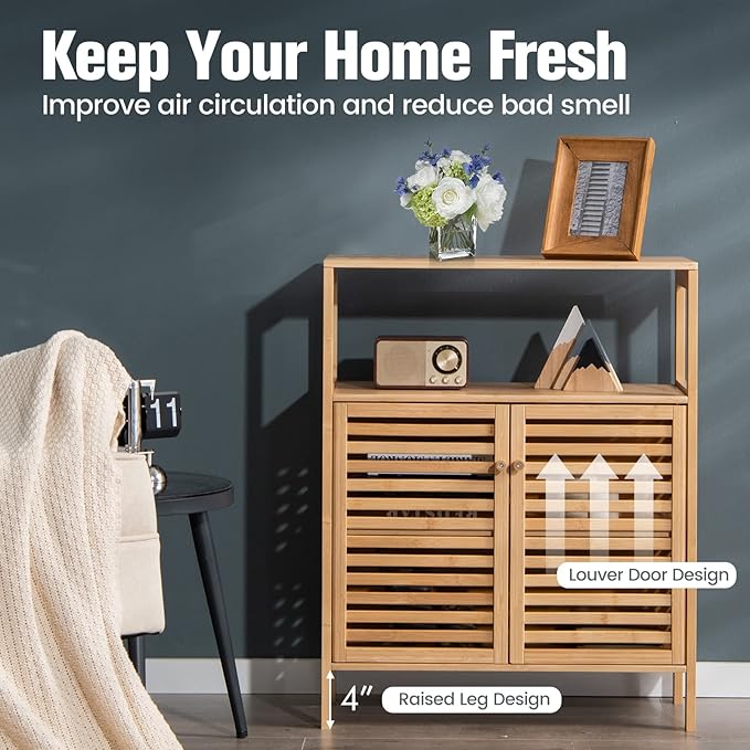 COSTWAY Bamboo Bathroom Cabinet, Freestanding Storage Cabinet Organizer with Louver Doors & Removable Shelf, Bathroom Floor Cabinet for Living Room, Kitchen, Entryway, Natural