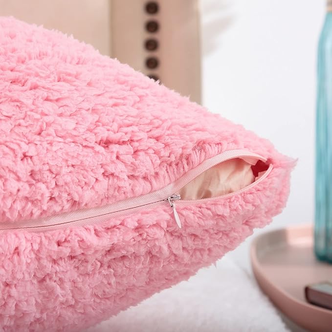 Reafort Ultra Soft Sherpa Euro Sham Pillow Case 26"x26" Replacement with Zipper Closure (Pink, 26"x26" Euro Sham)