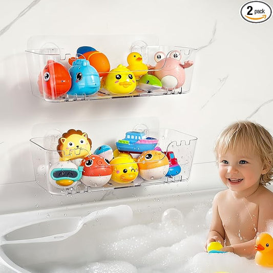 Bath Toy Storage Organizer 2 Pack, Transparent Bath Toy Holder with Drain Holes, Durable Plastic Bathtub Toy Storage for Bathroom, Quick-Dry Drainable Shower Caddy, Easy to Clean and Install