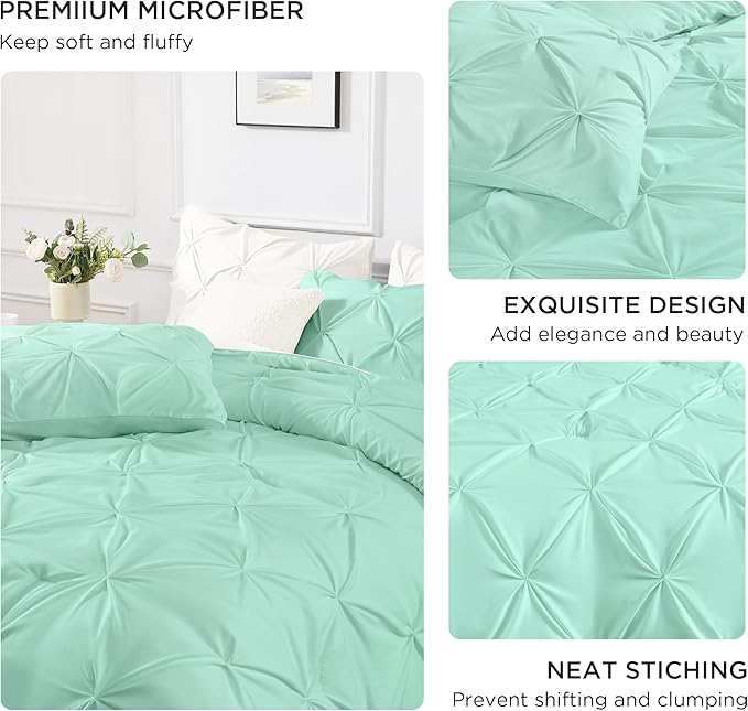 Andency Mint Green Queen Comforter Set, 3 Piece All Season Decorative Pintuck Bedding Comforter & Sets, Mint Green Soft Microfiber Lightweight Washable Bed Set for Queen Size Bed