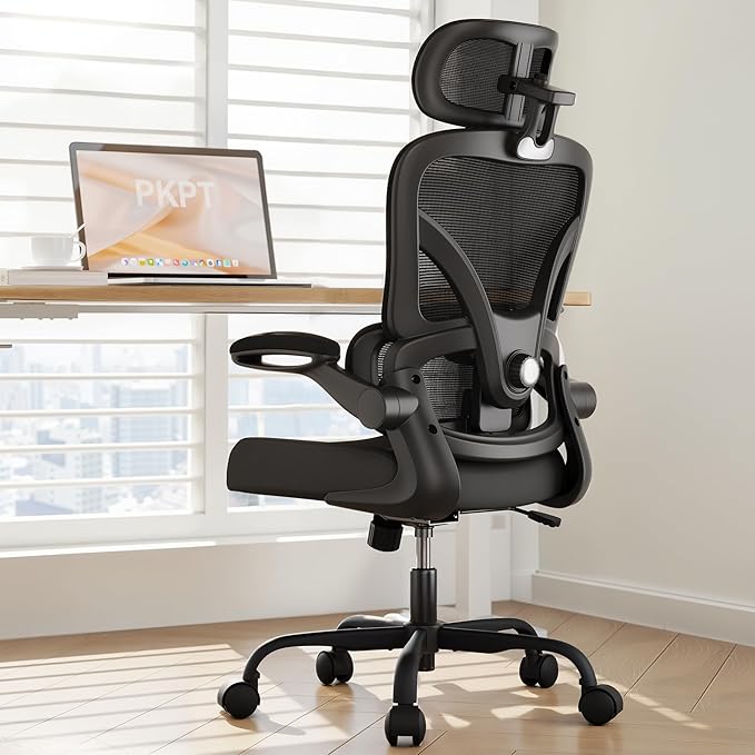 Ergonomic Office Chair, 330 lbs Home Mesh Desk Office Chair with Adjustable Lumbar Support & Headrest, Flip-up Armrests for Long Hours, Black