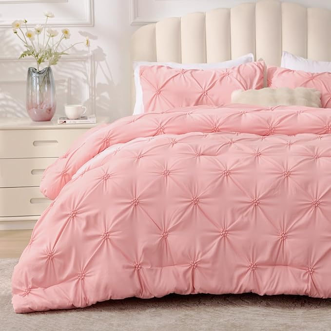 BEDELITE Pink Twin Comforter Set - 2 Peices Boho Pintuck Bedding Comforter Sets, Lightweight Soft & Warm Twin Bedding Sets with 1 Pillowcase for All Season