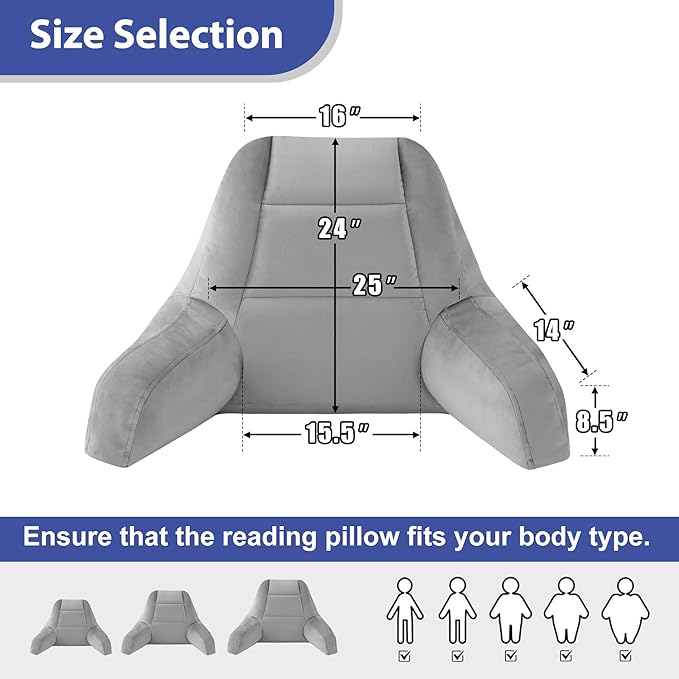 Reading Pillows for Sitting in Bed Adult, Back Pillow for Bed Sitting Up, Backrest Pillows with Shredded Foam for Adult&Teens, Support Pillow with Arms for Beds, Couch, Floor, 24in, Grey