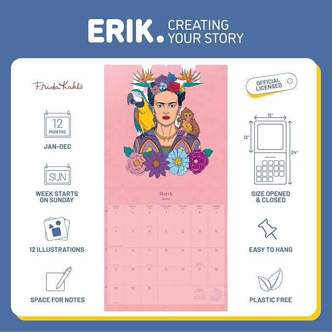 Frida Kahlo Wall Calendar 2026 12" x 12" FSC® Plastic Free - Starts Week On Sunday | Family Planner Art Calendar 2026 | Frida Kahlo Gifts