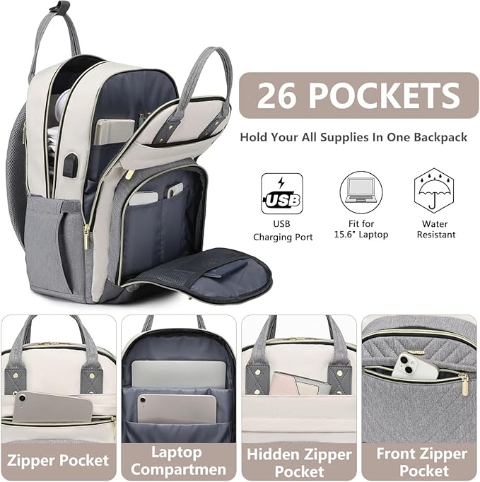 Laptop Backpack Women Work Bag - Travel Backpack Purse with USB Charger 15.6 Inch Nurse Bag College Teacher Business Backpack Waterproof Laptop Bag Beige Grey