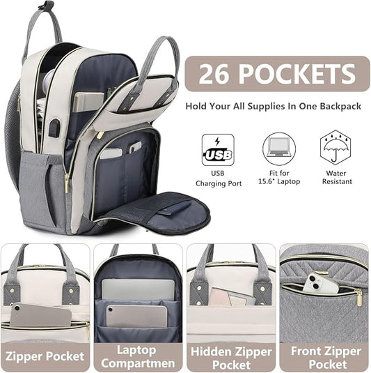 Laptop Backpack Women Work Bag - Travel Backpack Purse with USB Charger 15.6 Inch Nurse Bag College Teacher Business Backpack Waterproof Laptop Bag Beige Grey
