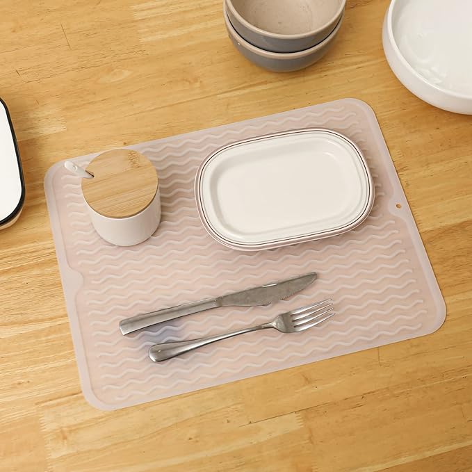 Silicone Dish Drying Mat for Multiple Usage,Easy clean,Eco-friendly,Heat-resistant Silicone Mat for Kitchen Counter or Sink,Refrigerator or drawer liner Translucent L 16 inches x 12 inches