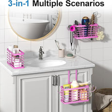 Hair Tool Organizer, 3-in-1 Universal Hair Dryer Holder, Adjustable Height Metal Blow Dryer Holder Wall Mounted/Over Cabinet Door/Free-Standing (Pink)