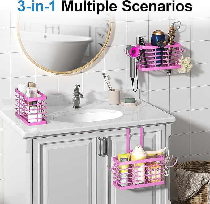 Hair Tool Organizer, 3-in-1 Universal Hair Dryer Holder, Adjustable Height Metal Blow Dryer Holder Wall Mounted/Over Cabinet Door/Free-Standing (Pink)