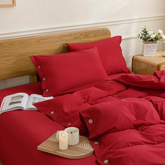 JELLYMONI Cotton Duvet Cover King Size - Crimson Red Comforter Cover with Button 100% Washed Cotton 3PCS Breathable Soft Solid Bedding Set Duvet Cover 104×90in & 2 Pillowcases (NO Comforter)