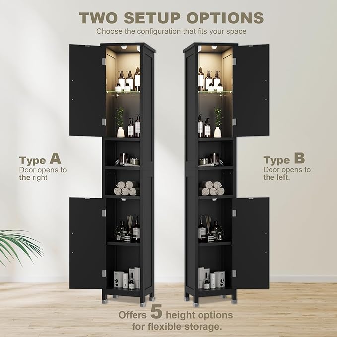 67" Tall Bathroom Storage Cabinet with Lights, Slim Narrow Bathroom Cabinet Organizer with Doors and Adjustable Shelves, Tall Cabinet for Small Space (66.9" Tall-Black with Light, 1 Pack)