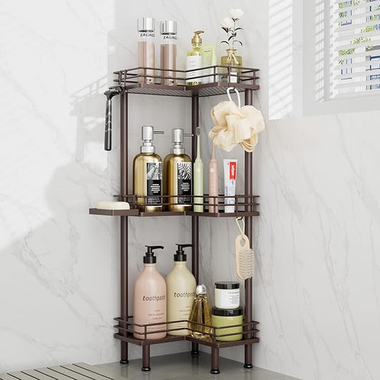 Consumest Corner Shower Caddy Standing - 3-Tier Stainless Steel Shower Organizer with Soap Holder and 4 Hooks, Large Capacity Corner Shelf Stand for Bathroom, Rest Room, Bronze