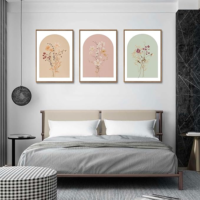 KISSFOX 3 Piece Framed Wall Art Botanical Wall Decor Floral Pictures Wildflower Canvas Art Pink Green Yellow Paintings Minimalist Boho Artwork For Girly Room Bedroom Apartment Living Room