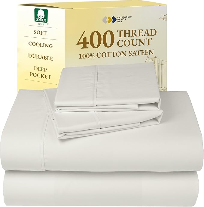 California Design Den King Bed Sheets Set - Soft 400 Thread Count Sateen, Natural 100% Cotton Sheets, Deep Pockets, All Around Elastic for a Snug Fit, Durable Bedding Set - Ivory (Pale Tone) CaliforniaDesignDen