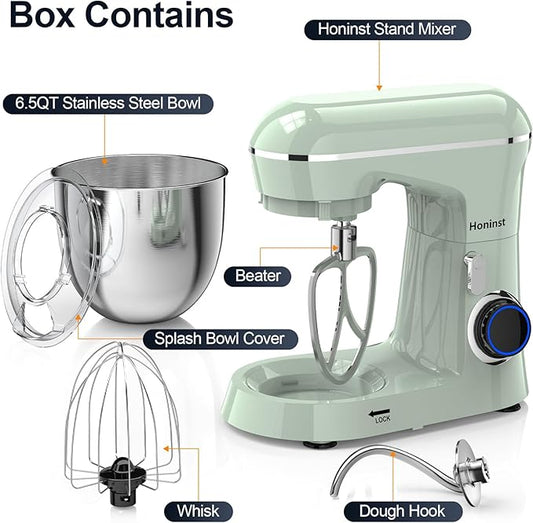 Stand Mixer, 6.5QT 10-Speed Tilt-Head Electric Stand Mixer, 3-In-1 Kitchen Mixer with Bowl, Dough Hook, Whisk and Beater, Food Mixer for Baking, Cake and Most Home Cooks, Green