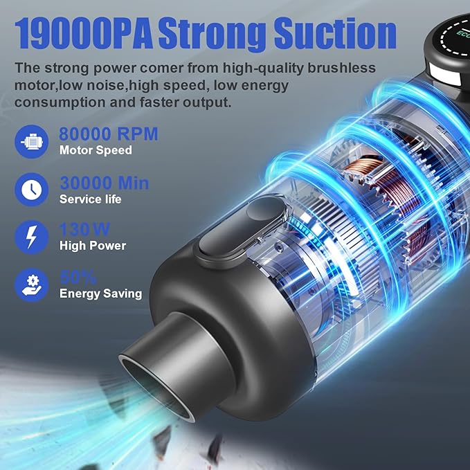 Car Vacuum Portable Cordless-19000 Pa 4 in 1 Handheld Vacuum Cordless Brushless Motor with LED Light and Multi-Nozzles, One-Touch dust Removal for Car, Home, Office, Pet, Black