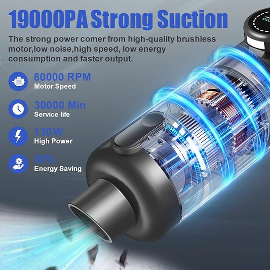 Car Vacuum Portable Cordless-19000 Pa 4 in 1 Handheld Vacuum Cordless Brushless Motor with LED Light and Multi-Nozzles, One-Touch dust Removal for Car, Home, Office, Pet, Black