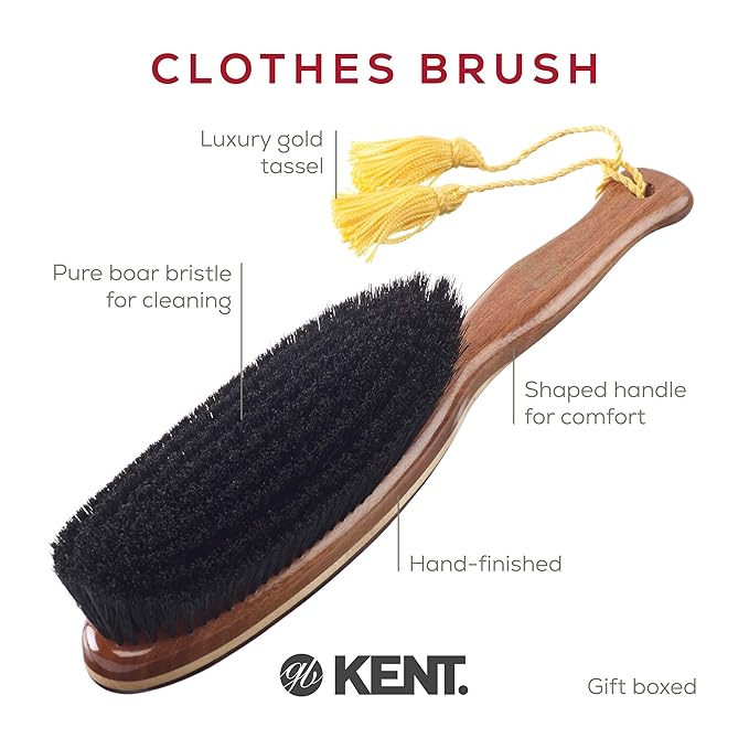 KENT CR8 Clothes Brush, 100% Natural Black Boar Bristle Lint Remover for Cashmere, Wool, and Silk for Keeping Fabrics Free from Fibres, Fluff and Pet Hair. Luxury Three Veneered Woods. Made in England