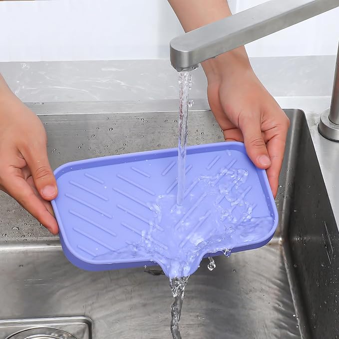 Silicone Bathroom Soap Dishes with Drain Spout-Bathroom and Kitchen Sink Organizer,Sponge Holder,Dish Soap Tray,Perfect for Dispenser,Scrubber,Bottle on Sink or Counter-Light Purple 9.6"×5.3"