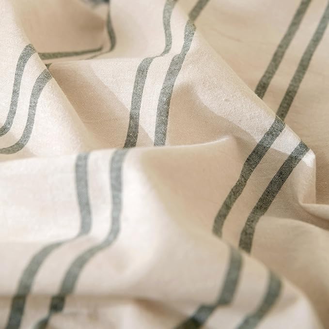 VM VOUGEMARKET 100% Washed Cotton Striped Duvet Cover Sets King,Beige Duvet Cover with Gray Stripes Pattern Printed Comforter Cover with Zipper Closure & Corner Ties(3pcs,King Size)
