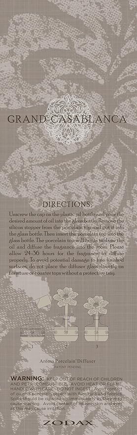 Zodax Grand Casablanca Porcelain Oil Diffuser - Home Fragrance Oil Diffuser Ideal for Living Room, Bathroom, Office - Flower Design - Gift Box Packaging Included - Tahitian Gardenia - 1.69 Oz.