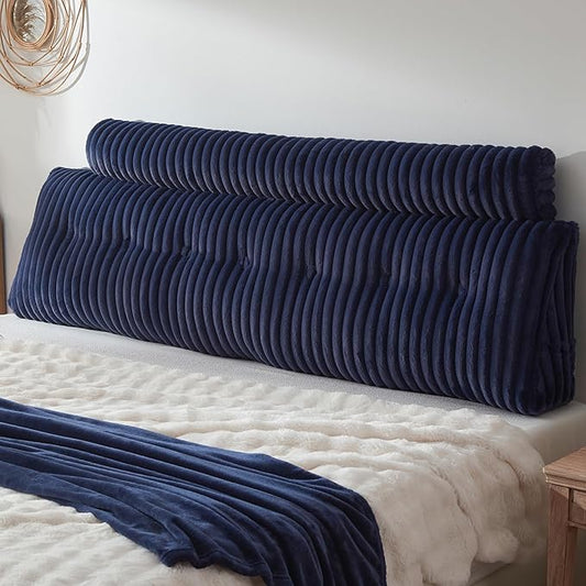 Headboard Pillow + A Long Neck Roll Pillow Body Pillow，Faux Fur Headboard Wedge Pillow with Removable Cover (Blue, King：76x8x20 inches)