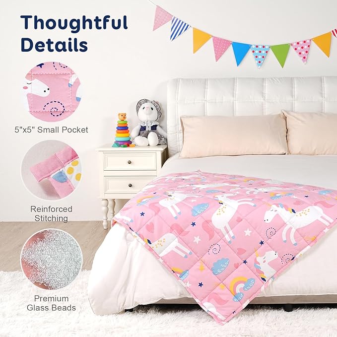 Kivik Cooling Weighted Blanket 7 Pounds, Breathable Weighted Blankets, Ultra Soft Heavy Throw for Relaxing & Sleeping, Machine Washable, 41 x 60 Inches, Cute Unicorn Printing, Light Pink