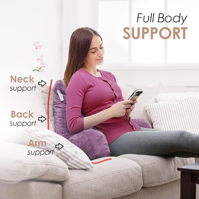 Nestl Reading Pillow with Shredded Memory Foam, Designed for Sitting Up in Bed and Couch, Back and Arms Adjustable Support for Adult & Teens Backrest Pillows for Reading Washable Cover, Lavender Dream