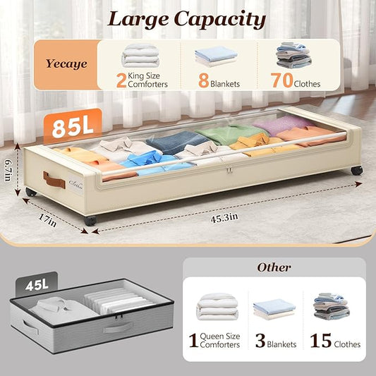 Yecaye Under Bed Storage with Wheels 2 Pack, 85L Extra Large Under Bed Storage Containers with Metal Frame & Clear Lid, Rolling Underbed Organizer Bins Drawers for Clothes, Shoes, Blankets, Beige