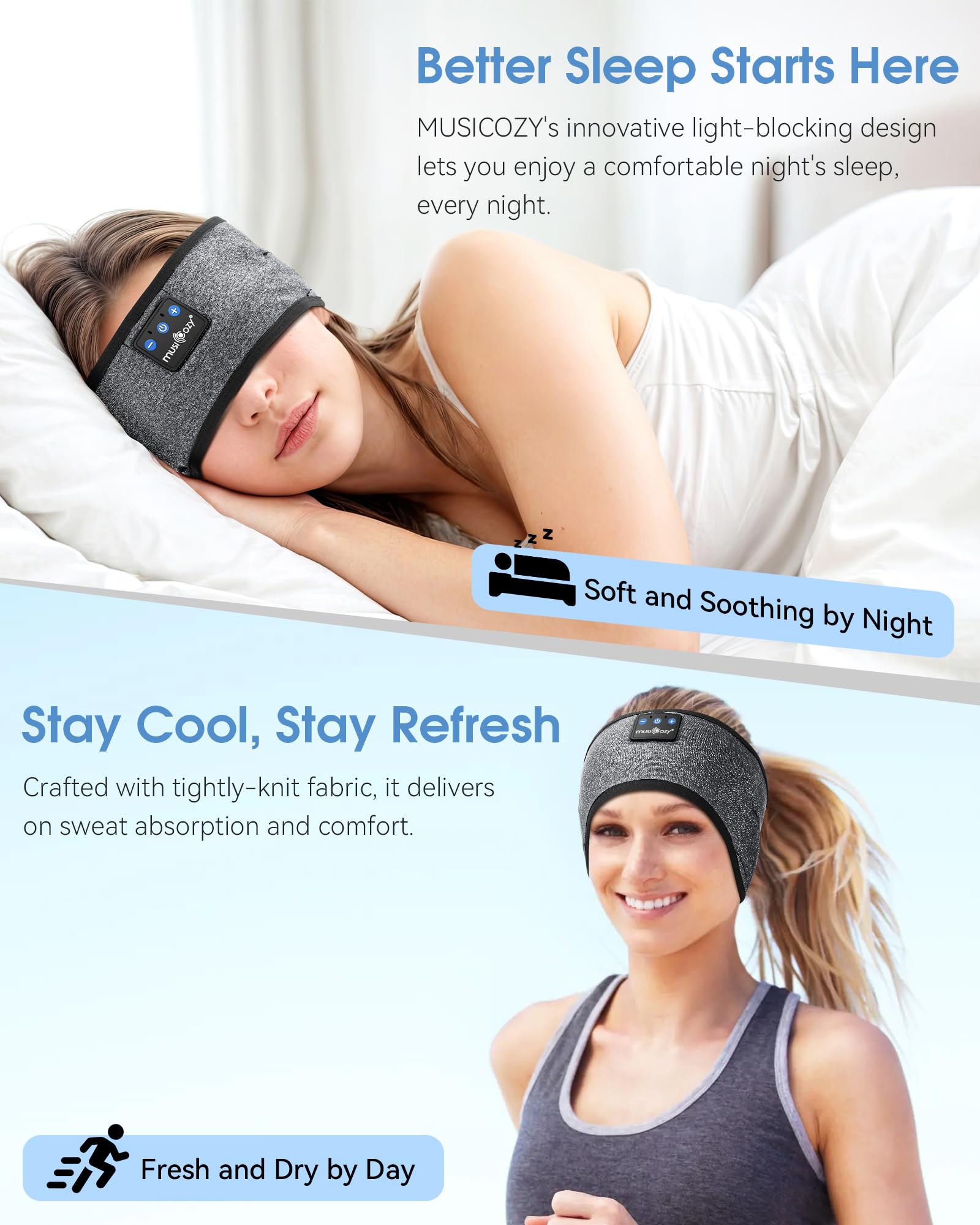 MUSICOZY Sleep Headphones Bluetooth 5.4 Headband, Sports Wireless Earphones Sweat Resistant Earbuds Sleeping Headphone with Ultra-Thin HD Stereo Speaker for Workout Running Cool Gadgets Unique Gifts Dormly