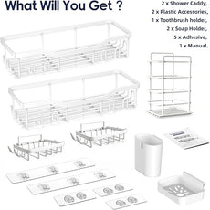 Shower Caddy Adhesive Shower Organizer 7-Pack, Rustproof Stainless Steel Bathroom Shelves, Large Capacity No-Drill Rack Storage Accessories with Soap Dish Toothbrush Holder Hooks (White)