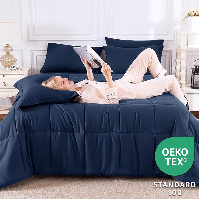 CozyLux Queen Comforter Set Navy Blue - 7 Pieces Bed in a Bag Queen, All Season Breathable Bedding Sets, Oeko-Tex Certified Bed Set with Down Alternative Comforter, Sheets, Pillowcases & Pillow Shams