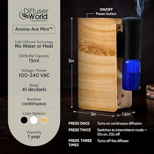 Aroma-Ace Mini Essential Oil Diffuser for Home Scent Diffusers - Portable Waterless Aromatherapy Diffusers with Rechargeable Battery, Nebulizing Atomizer Air Diffuser for Home - Woodgrain