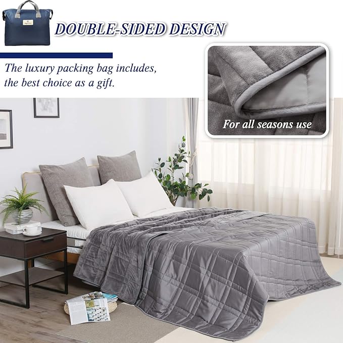 OMYSTYLE Double-Sided 15lb Weighted Blanket(60 X 80 Inches, Twin Size), Reversible Weighted Blanket for Adult with Warm Short Plush and Cool Tencel Fabric, All Season Use - Bonus Carry Bag Included