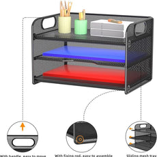 Samstar 3 Tier Letter Tray Paper Organizer with Handle, Mesh Desk Organizer Paper Sorter File Rack Shelves, Black