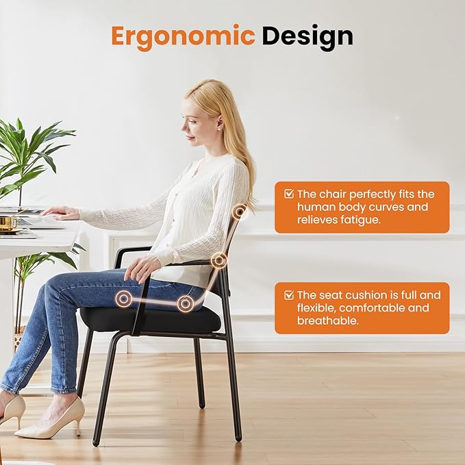 Sweetcrispy Mesh Back Stacking Arm Chairs 4 Pack, Upholstered Fabric Stack Chairs, Sturdy Metal, Easy to Use and Store, Outdoor and Indoor, for Home, Office, Party, Comfy，Black