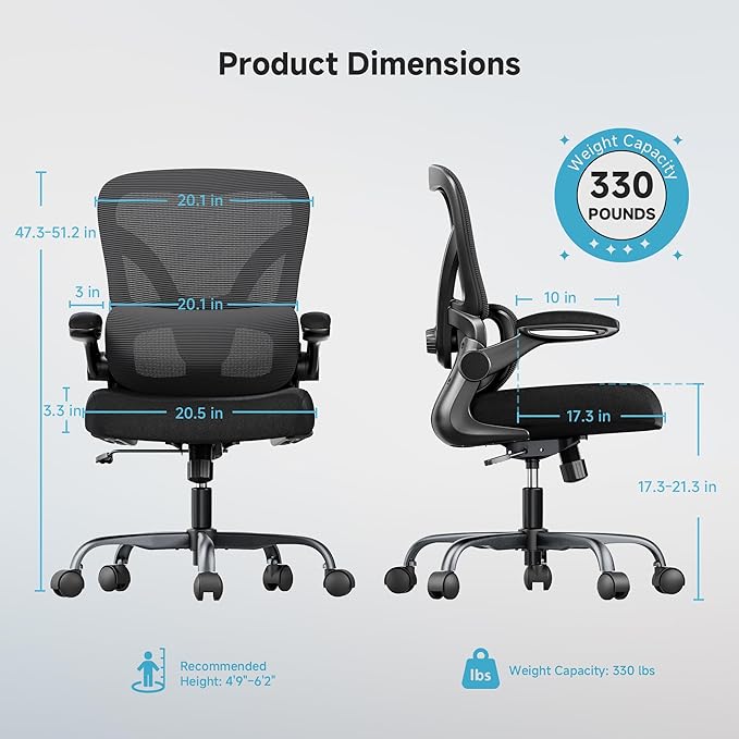 Office Chair with Adjustable Lumbar Support, Home Office Desk Chair with Flip-up Armrests, 330 lbs Mesh Computer Chair for Long Day Use, Black