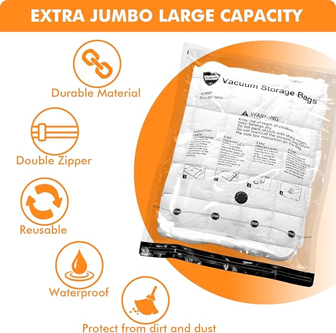 6 XX Large Vacuum Storage Bags, Space Saver Sealer Compression Bags for Blankets, Comforters, Pillows, Clothes Storage