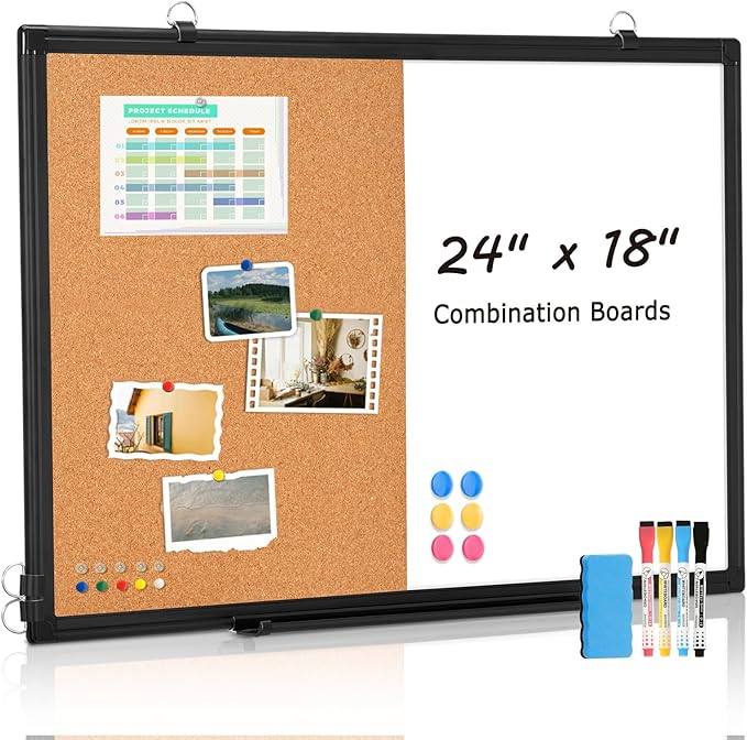 [24" x 18"] WALGLASS Dry Erase and Bulletin Boards Combo, Magnetic White Board Cork Board for Wall, Whiteboard & Corkboard Combination with Aluminum Frame, for Home, Classroom, Office