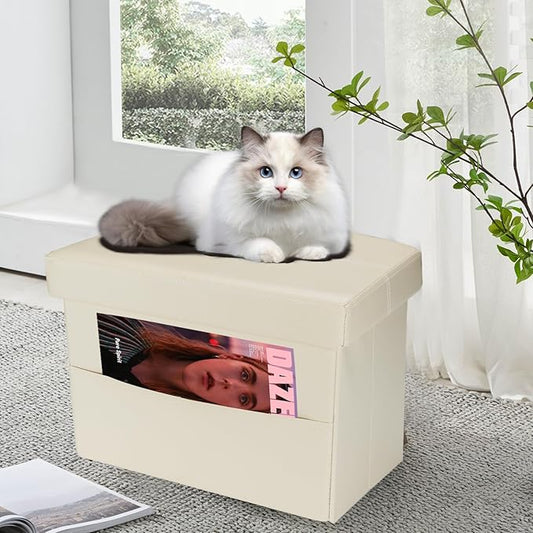 AmasSmile Storage Ottoman Folding Foot Rest Stool with Side Pocket, 16 inch Leather Footstool Bench, Short Ottoman Bench, Storage Foot Rest Store, Books (Beige-2)