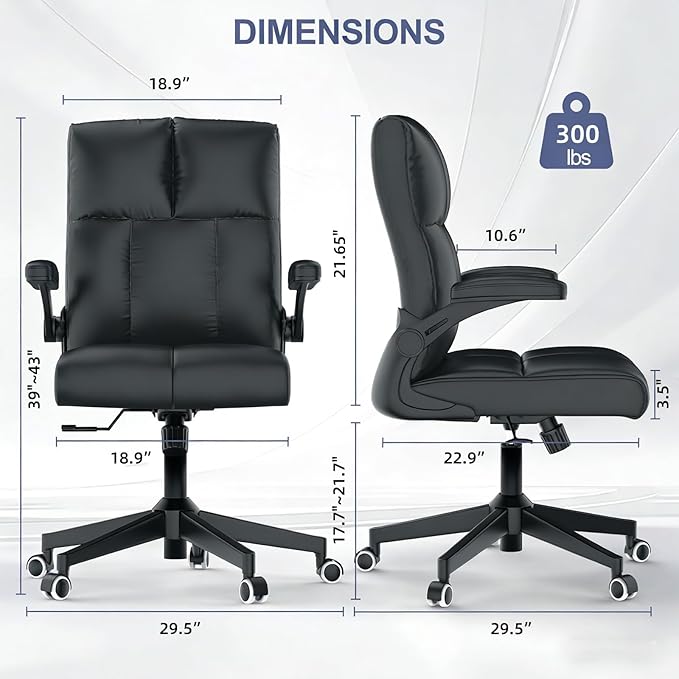 Ergonomic Home Office Chair with Space Saving Flip-Up Arms, 360° Swivel & Reclining Back, High-Back Executive Chair in Soft Faux Leather Chair Multi-Angle from 90° to 135° with 450LBS Capacity（Black）