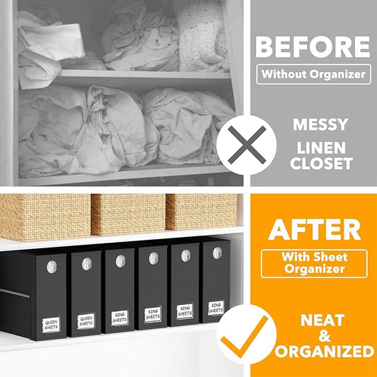SpaceAid 6 Pack Bed Sheet Organizer and Storage, Foldable Sheet Organizer with Window for Linen Closet, Set Folder Keeper for Queen & King Size Bedding Storage (Black)